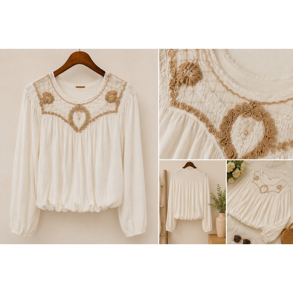 Free People Begonia Embroidered Peasant Top Ivory Boho Crochet Blouse